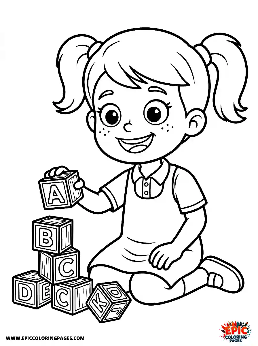 Happy Girl Happy girl cartoon style stacking alphabet blocks holding a wooden letter