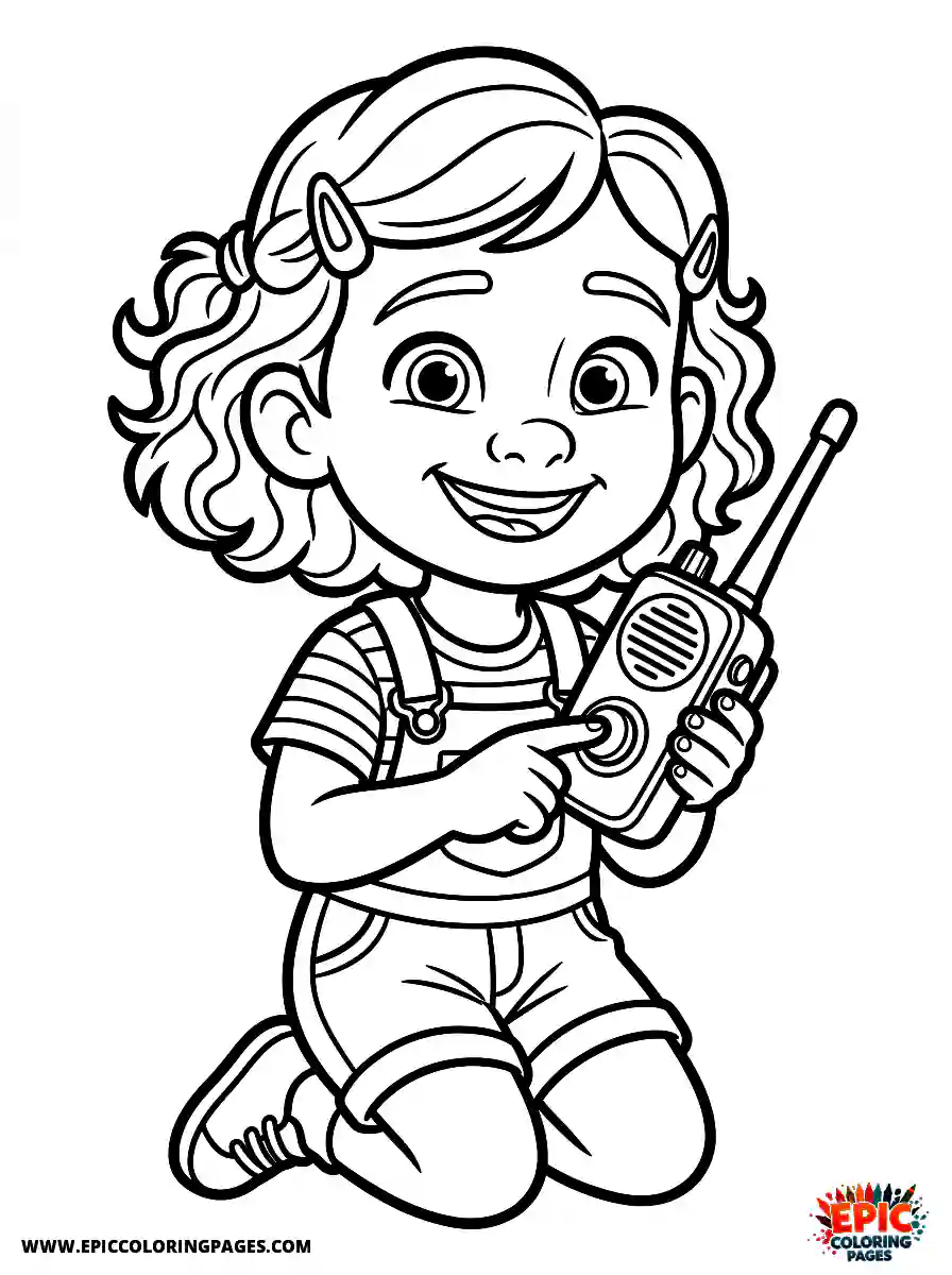 Happy Girl Happy girl pixar style holding a walkie talkie pressing a button