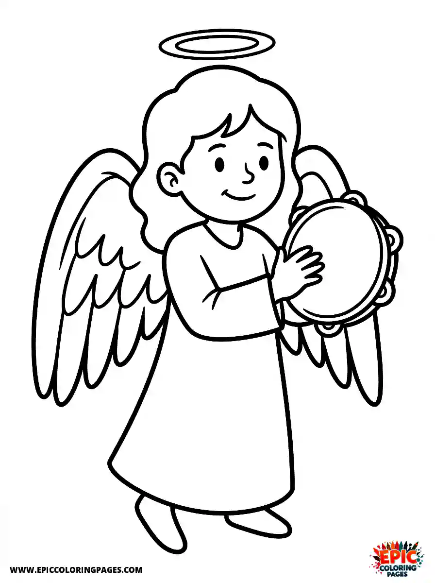 Angel Girl Line art angel girl playing a noisy hand tambourine
