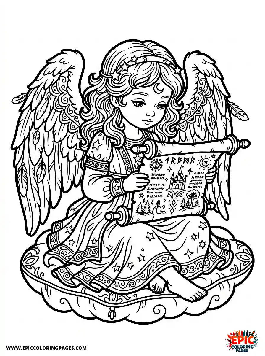 Angel Girl Line art angel girl realistic intently reading a magical parchment scroll
