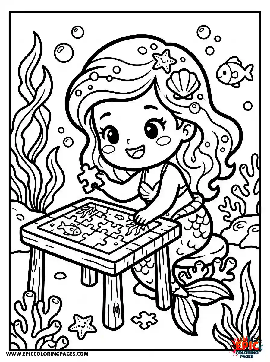 Mermaid Girl Mermaid girl chibi style making a puzzle