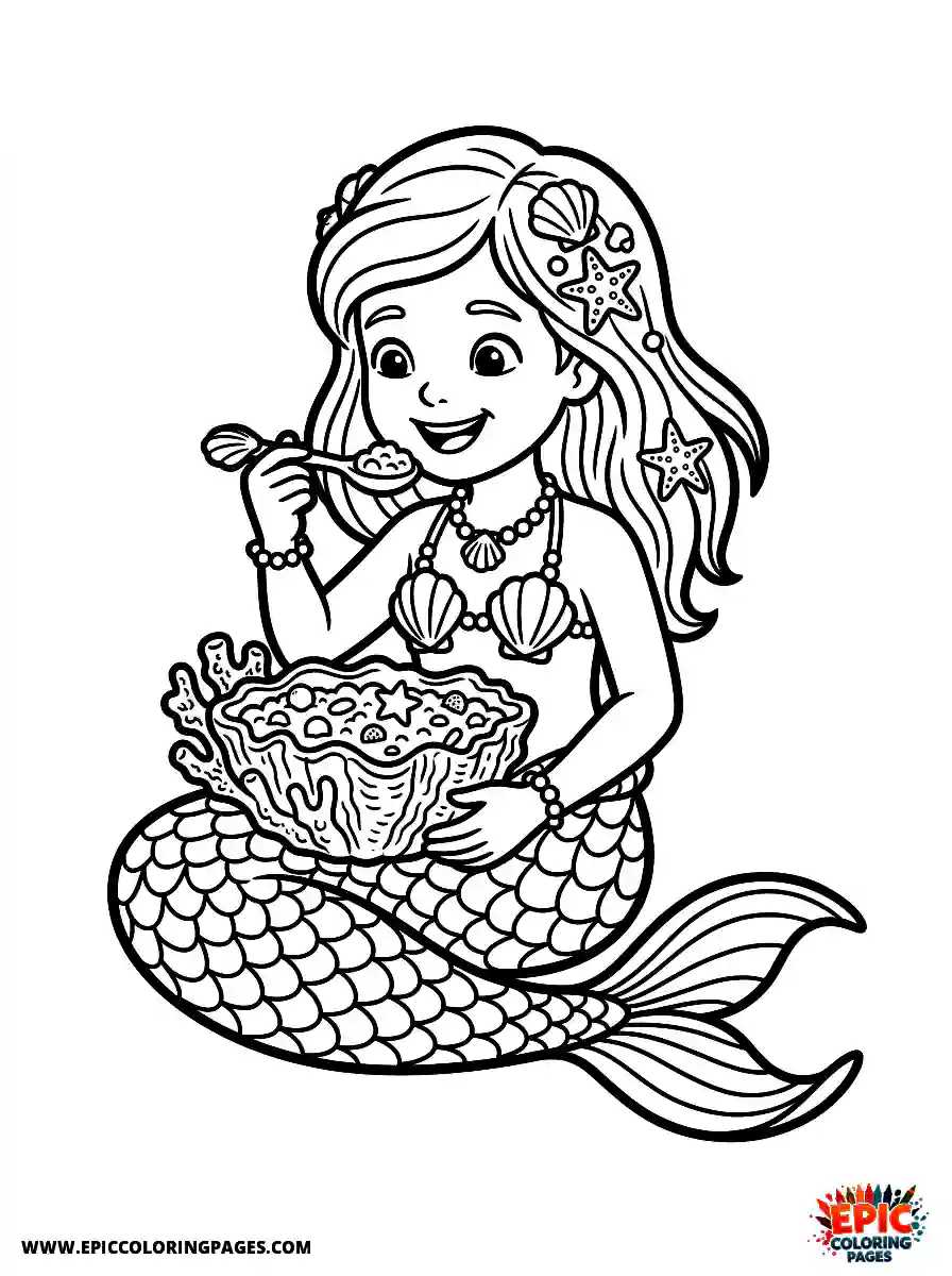 Mermaid Girl Mermaid girl realistic eating from a coral bowl
