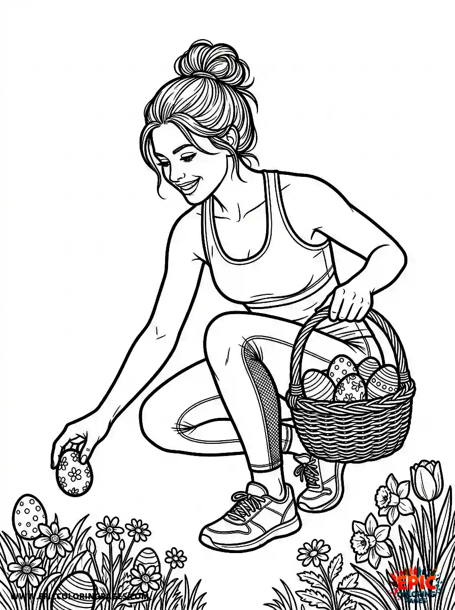 Pilates Girl Pilates girl realistic hunting for painted eggs carrying a woven basket