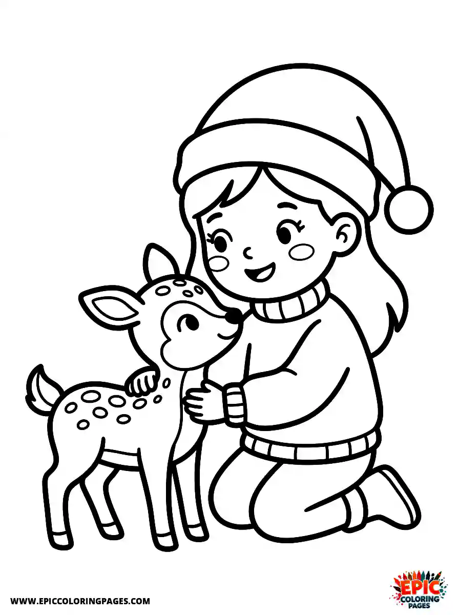 Christmas Girl Simple Christmas girl cute style petting a small spotted deer