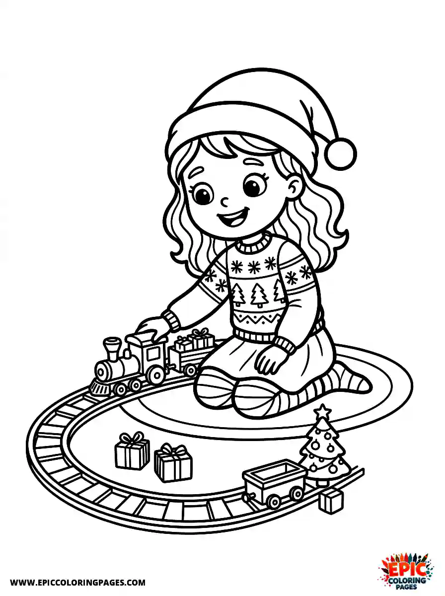 Christmas Girl Simple Christmas girl cute style playing with a tiny train