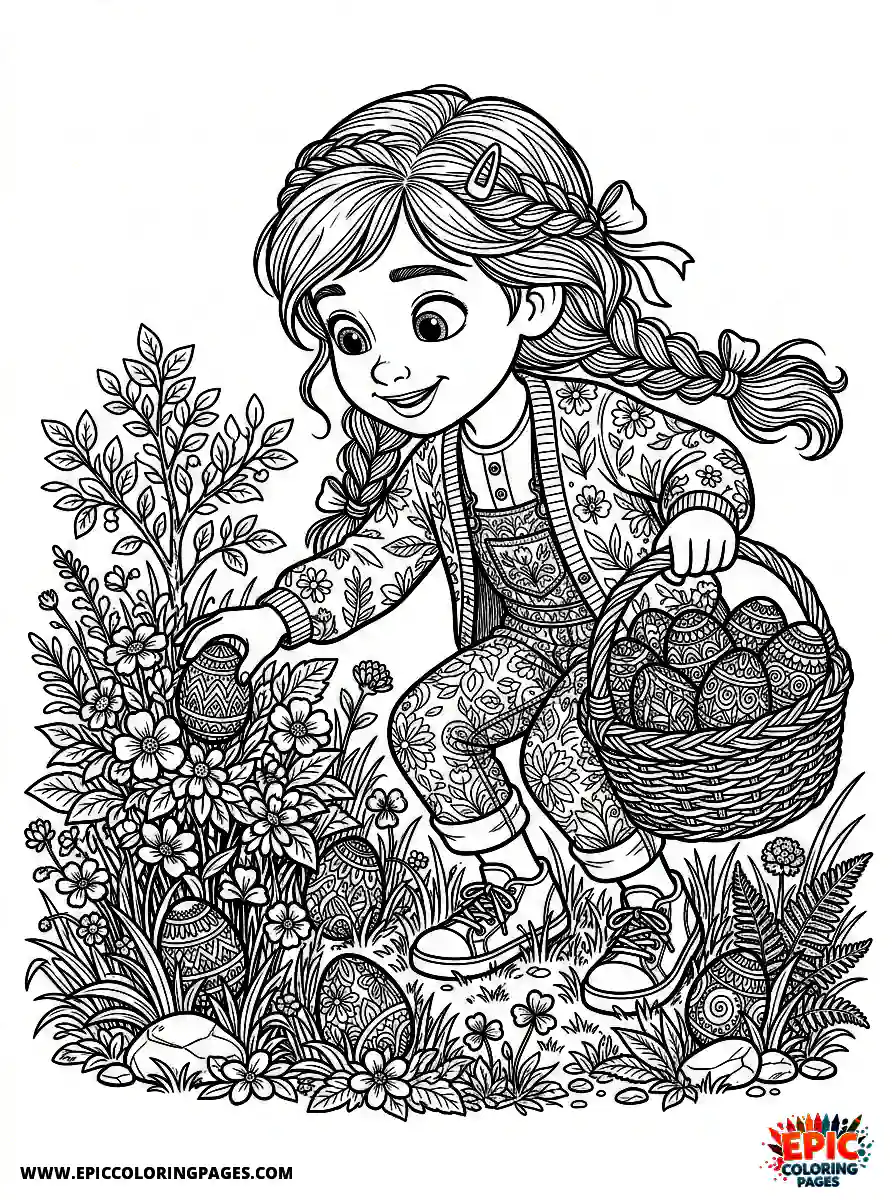 Pixar Style Girl Simple Pixar style girl hunting for colorful easter eggs in the backyard