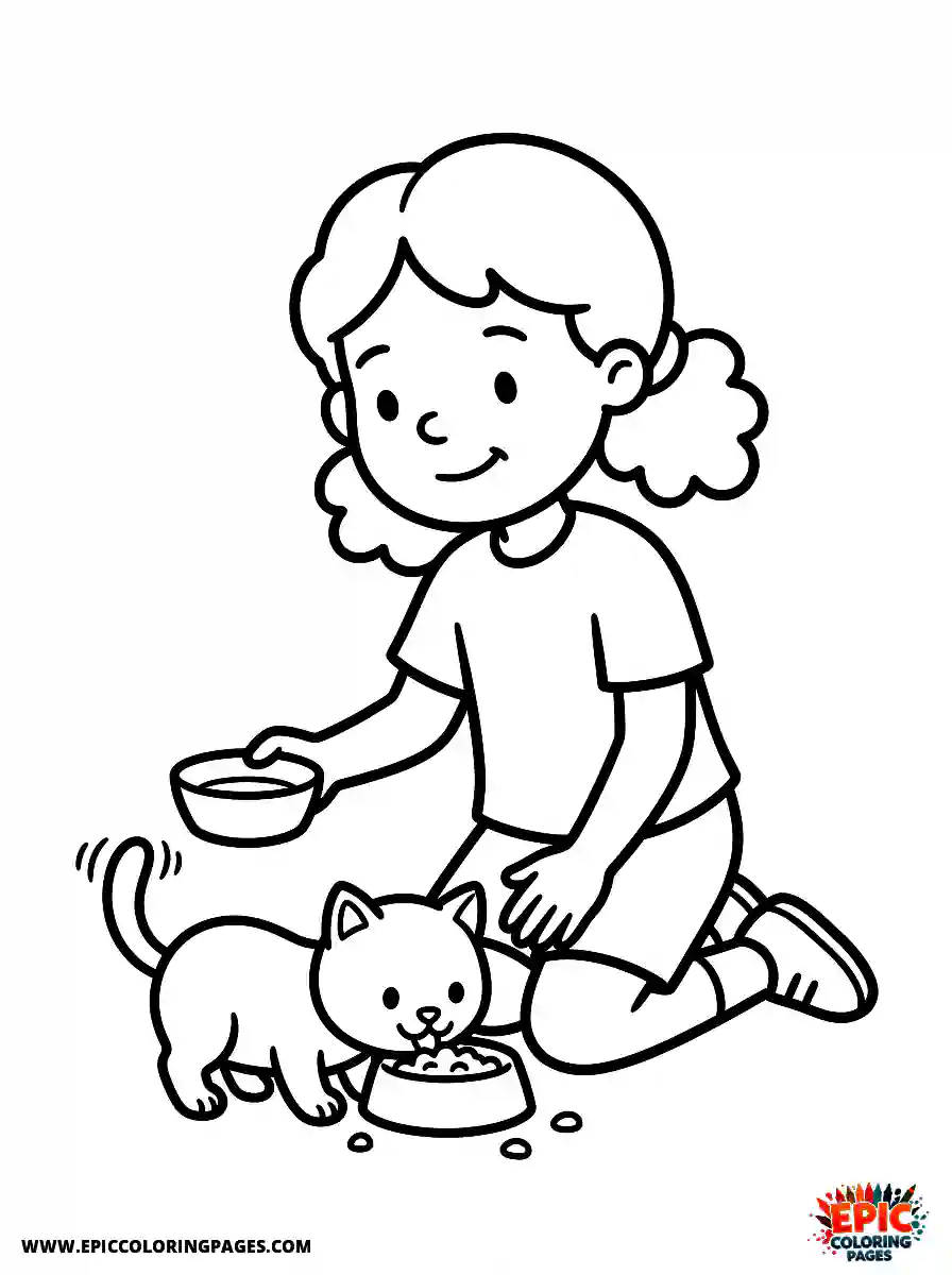 American Girl Simple american girl cartoon style feeding a cat