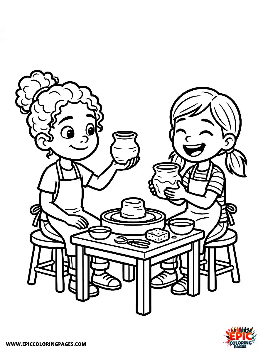 Best Friend Girls Simple best friend girls pixar style doing pottery holding clay pots