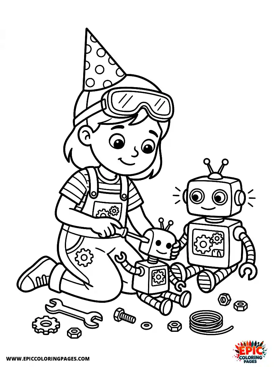 Birthday Girl Simple birthday girl as robot inventor sci fi screwdriver and blinking robot beside her