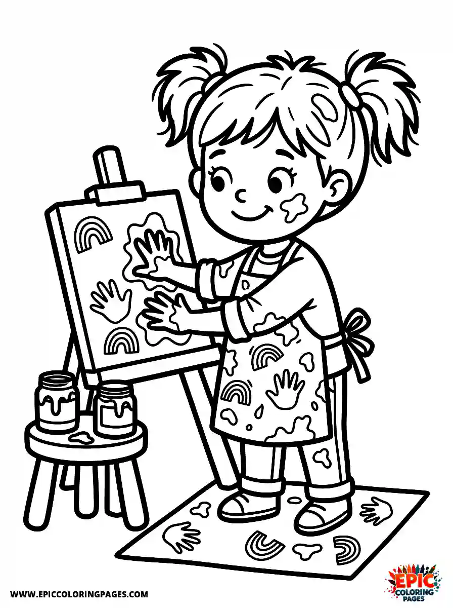 Birthday Girl Simple birthday girl cartoon style girl finger painting art smock and rainbow handprints everywhere