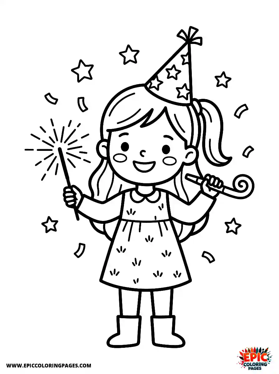 Birthday Girl Simple birthday girl celebrating new year noisemaker and sparkler in hand