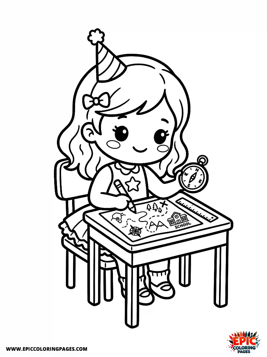 Birthday Girl Simple birthday girl chibi style girl drawing a map sitting with compass and ruler