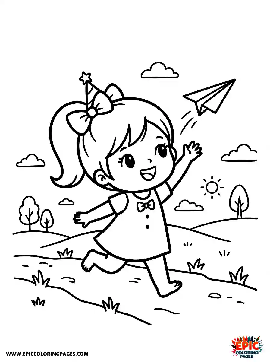Birthday Girl Simple birthday girl chibi style girl flying a paper airplane running and tossing with bow