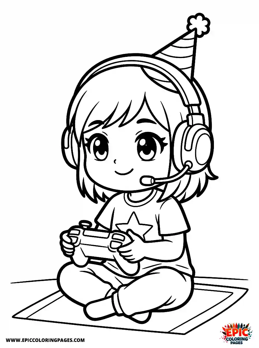 Birthday Girl Simple birthday girl chibi style girl playing video game controller headset and controller in hands