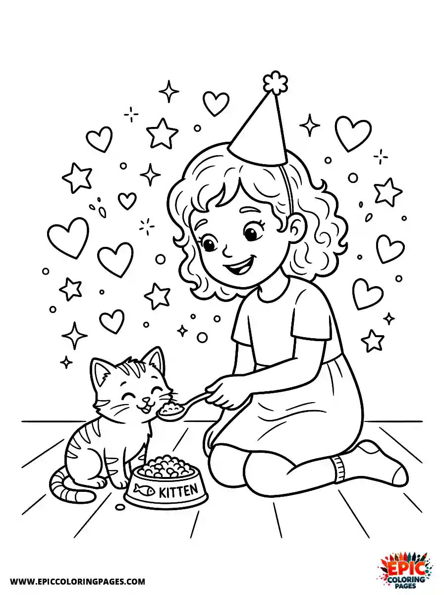 Birthday Girl Simple birthday girl feeding her cat kitten bowl and hearts floating
