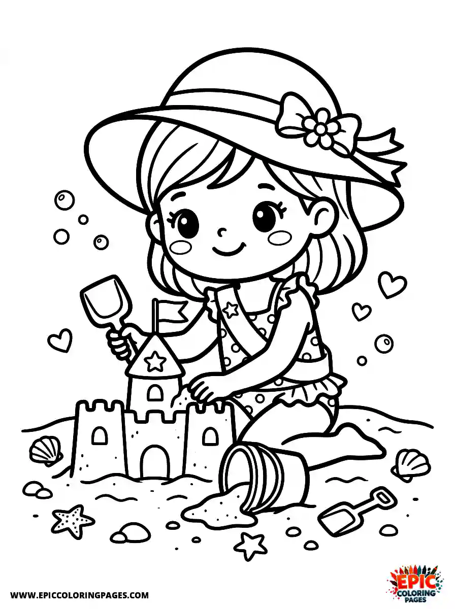 Birthday Girl Simple birthday girl kawaii style girl building sandcastle sun hat and swimsuit with shovel