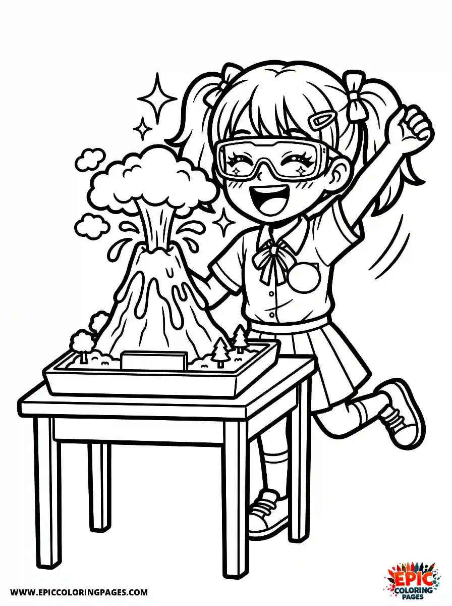 Birthday Girl Simple birthday girl manga style girl presenting science volcano model excited pose with safety glasses