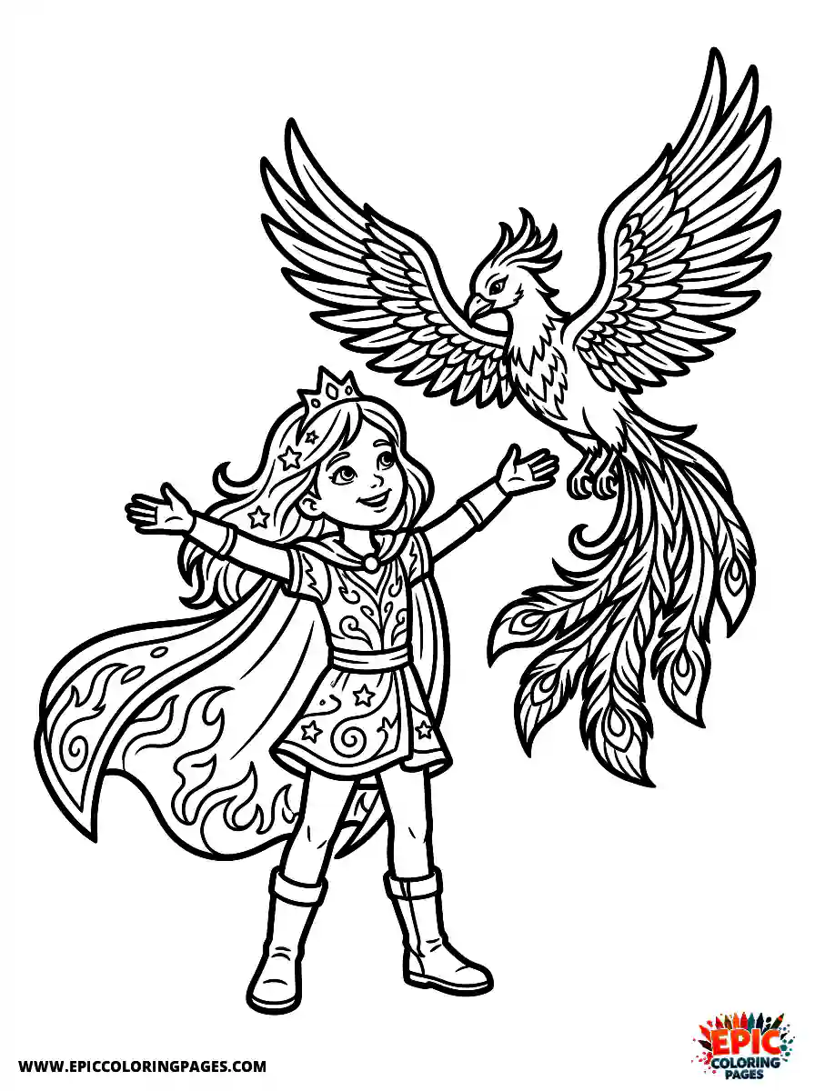 Birthday Girl Simple birthday girl meeting a phoenix bird arms outstretched with flowing cape