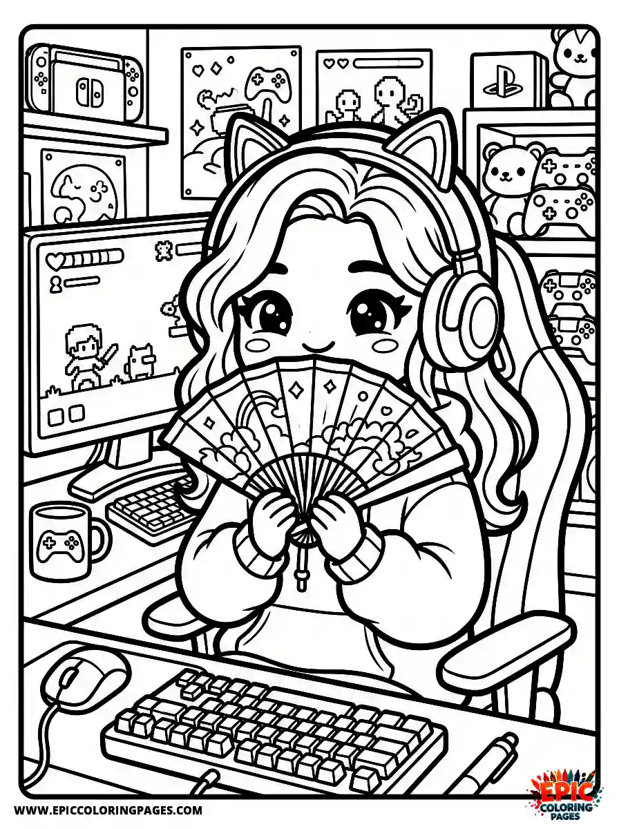 Gamer Girl Simple gamer girl kawaii style hiding behind a fan