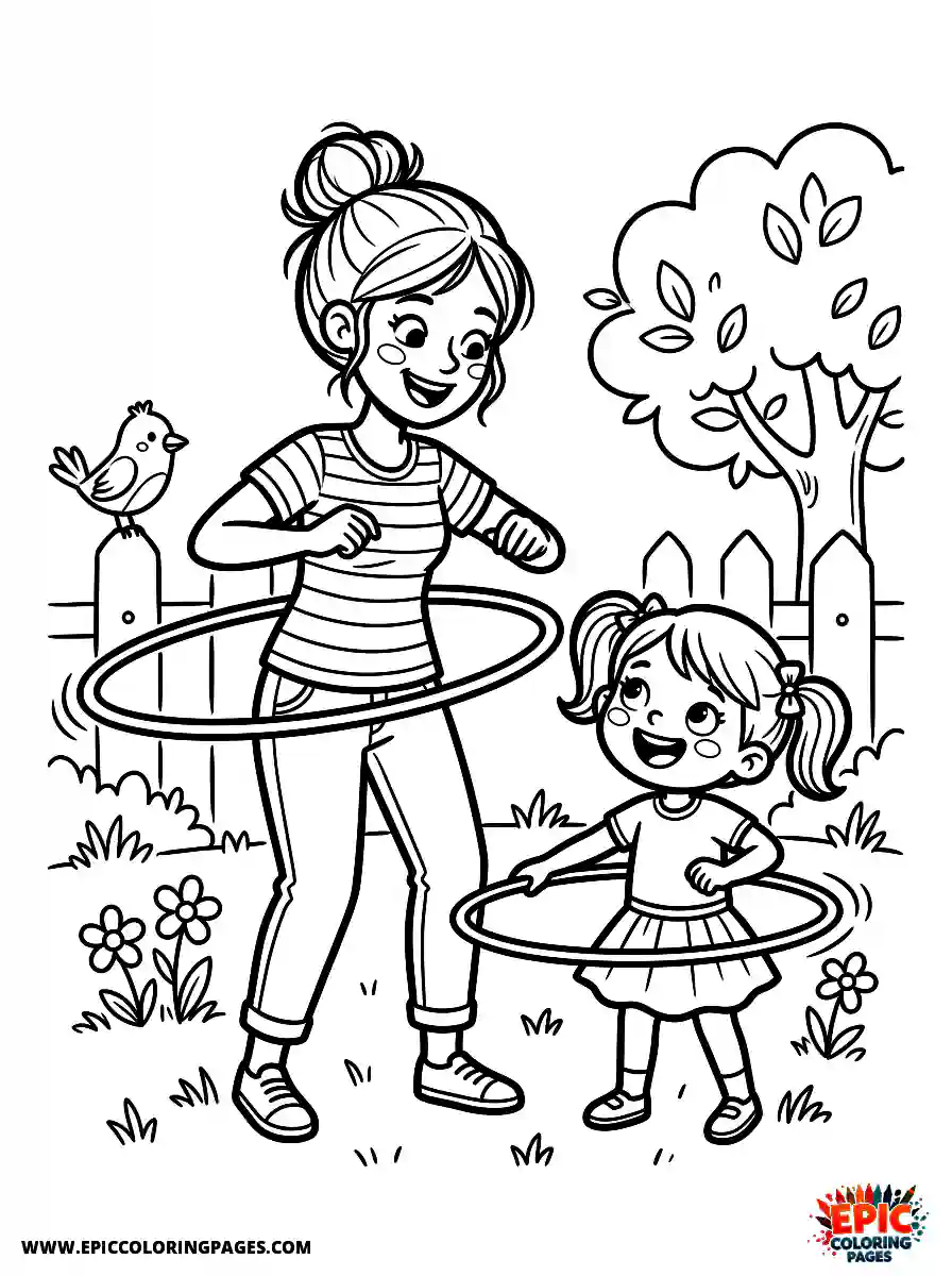 Girl and Mom Simple girl and mom adorable style playing with a hula hoop around the waist