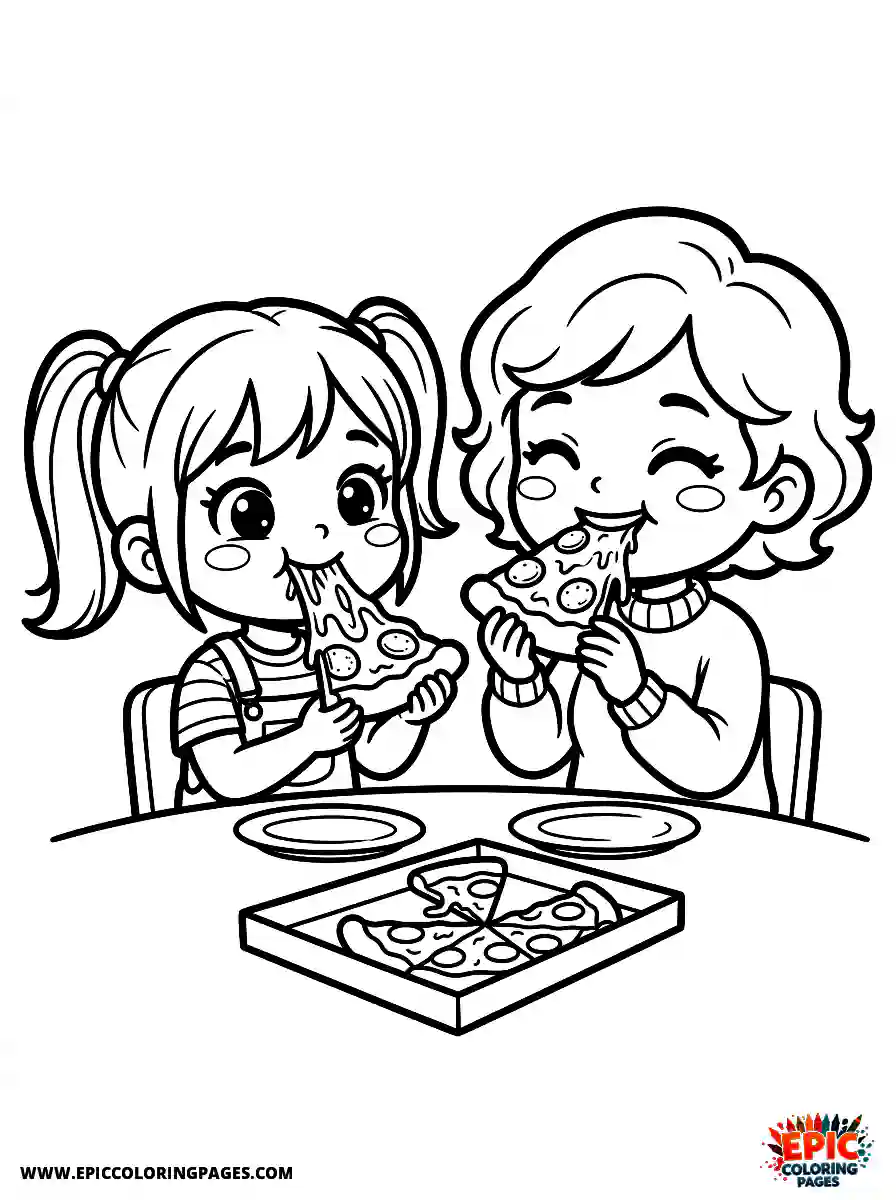 Girl and Mom Simple girl and mom chibi style eating pizza slices with extra cheese