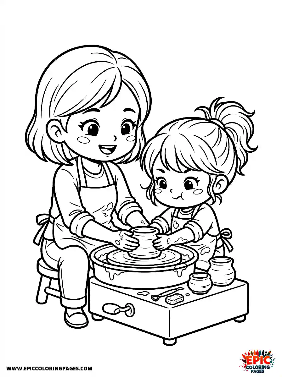 Girl and Mom Simple girl and mom chibi style sculpting clay spinning a pottery wheel