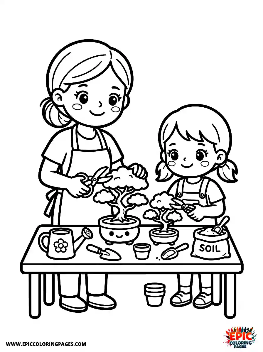 Girl and Mom Simple girl and mom kawaii style pruning bonsais gardening activity holding garden clippers