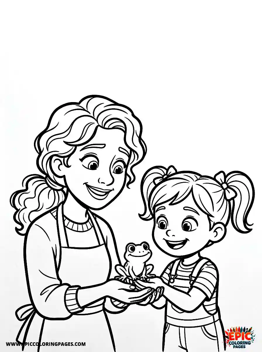 Girl and Mom Simple girl and mom pixar style holding a tiny green frog in palms