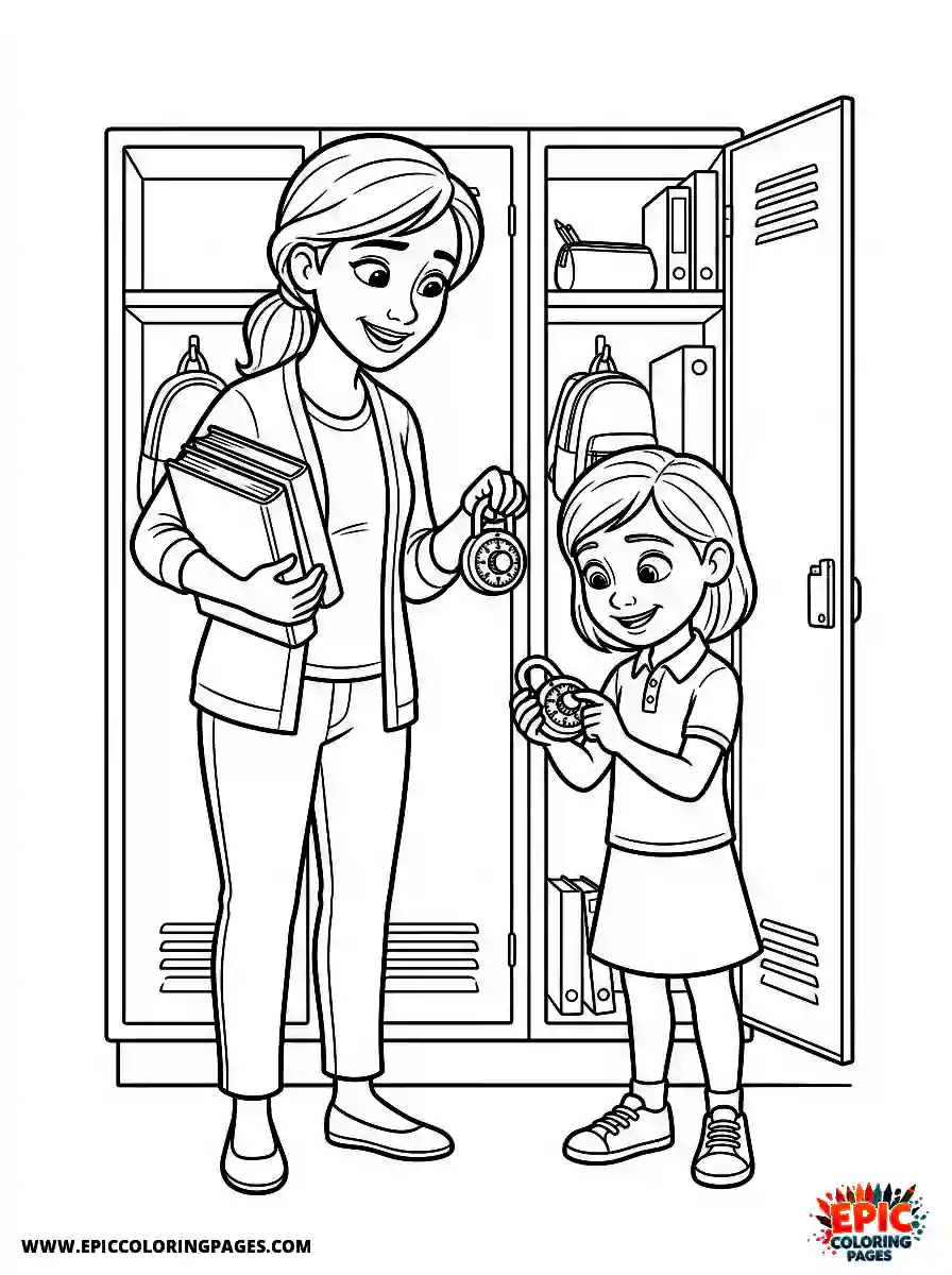 Girl and Mom Simple girl and mom pixar style organizing lockers holding combination locks