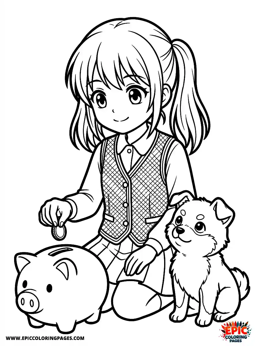 Girl with Dog Simple girl with dog anime style putting a coin in a piggy bank wearing a smart vest