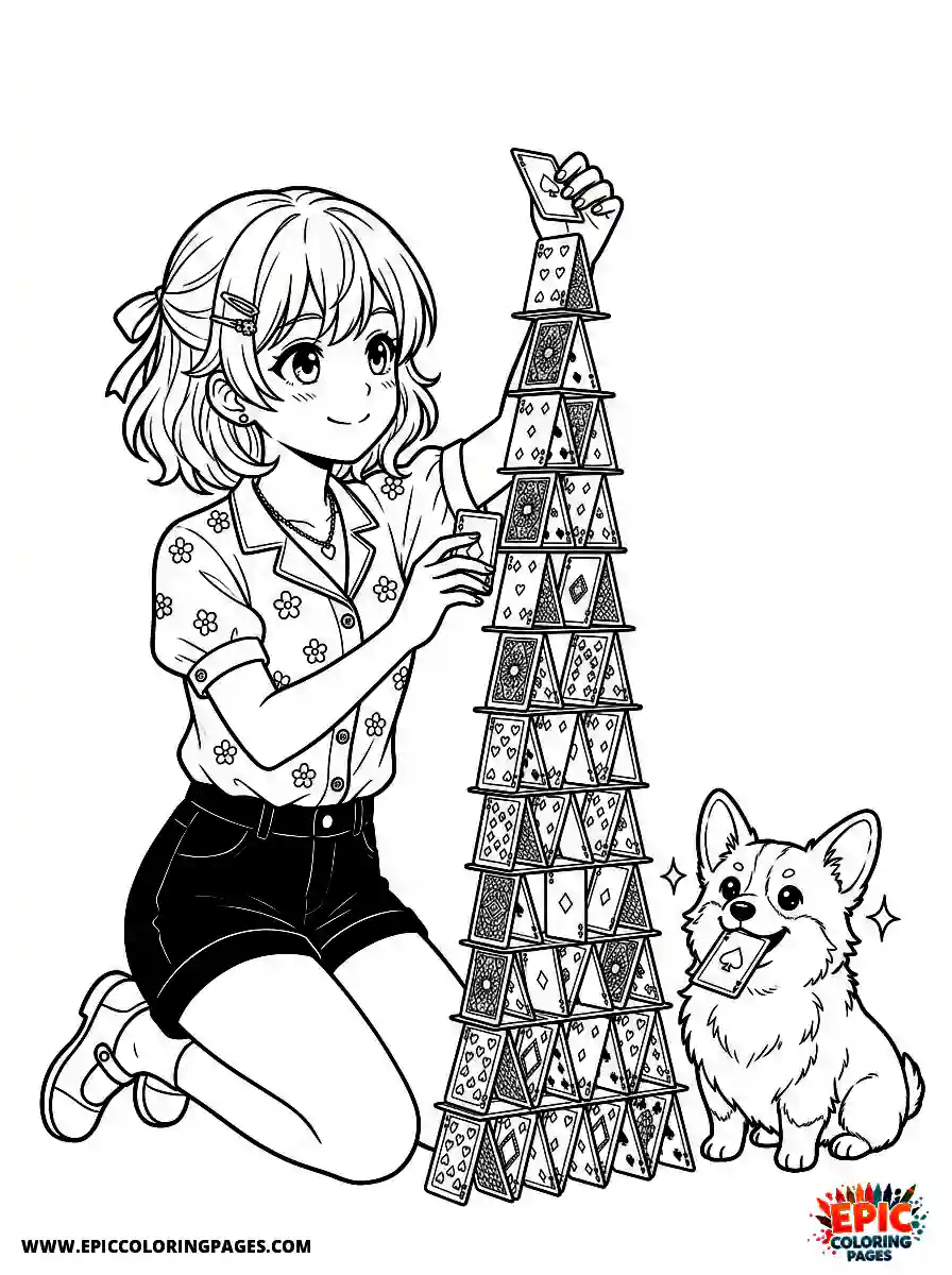 Girl with Dog Simple girl with dog anime style stacking a tall card tower wearing a button up shirt