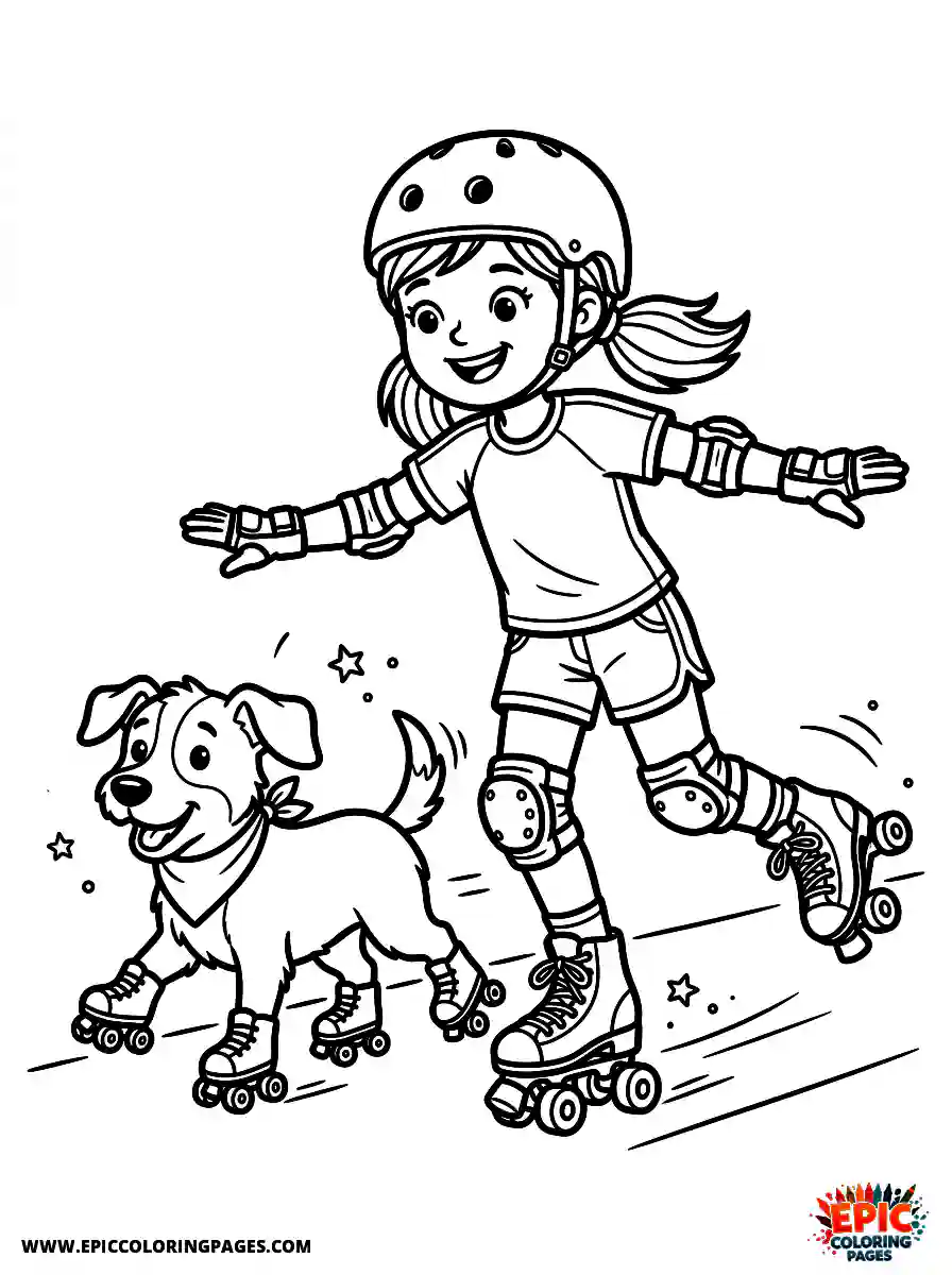Girl with Dog Simple girl with dog balancing on roller skates wearing knee pads