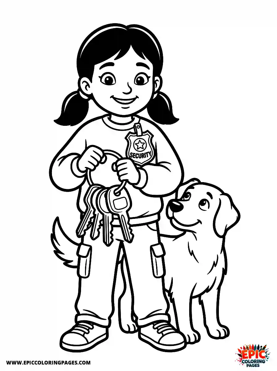 Girl with Dog Simple girl with dog cartoon style holding a bunch of shiny keys wearing a security badge