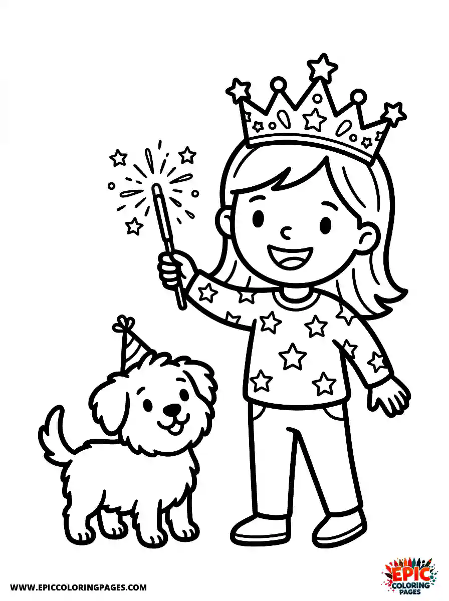 Girl with Dog Simple girl with dog cartoon style holding a sparkler wearing a festive crown
