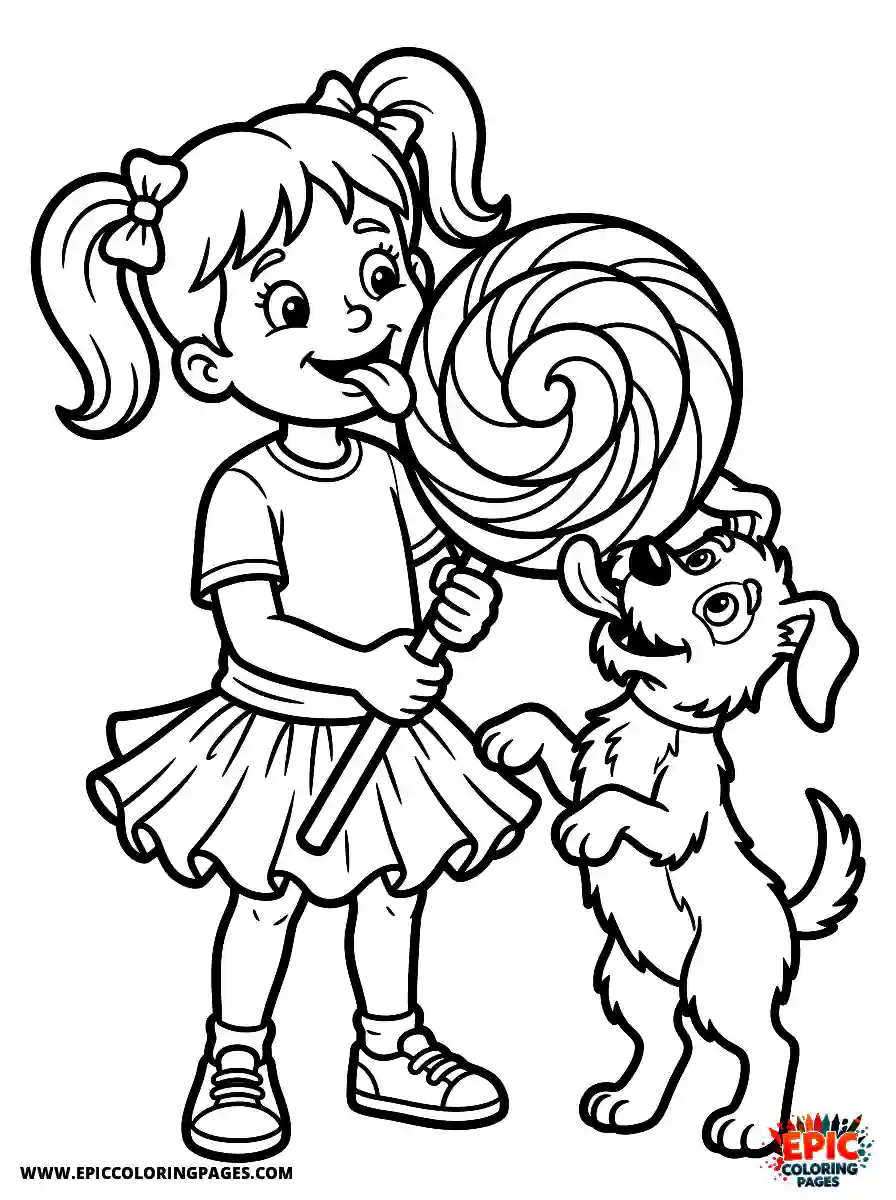 Girl with Dog Simple girl with dog cartoon style licking a giant swirl lollipop wearing a ruffled skirt