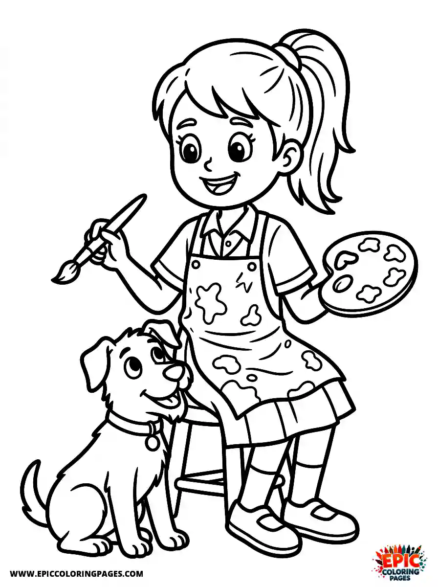 Girl with Dog Simple girl with dog cartoon style painting on a canvas wearing a messy apron