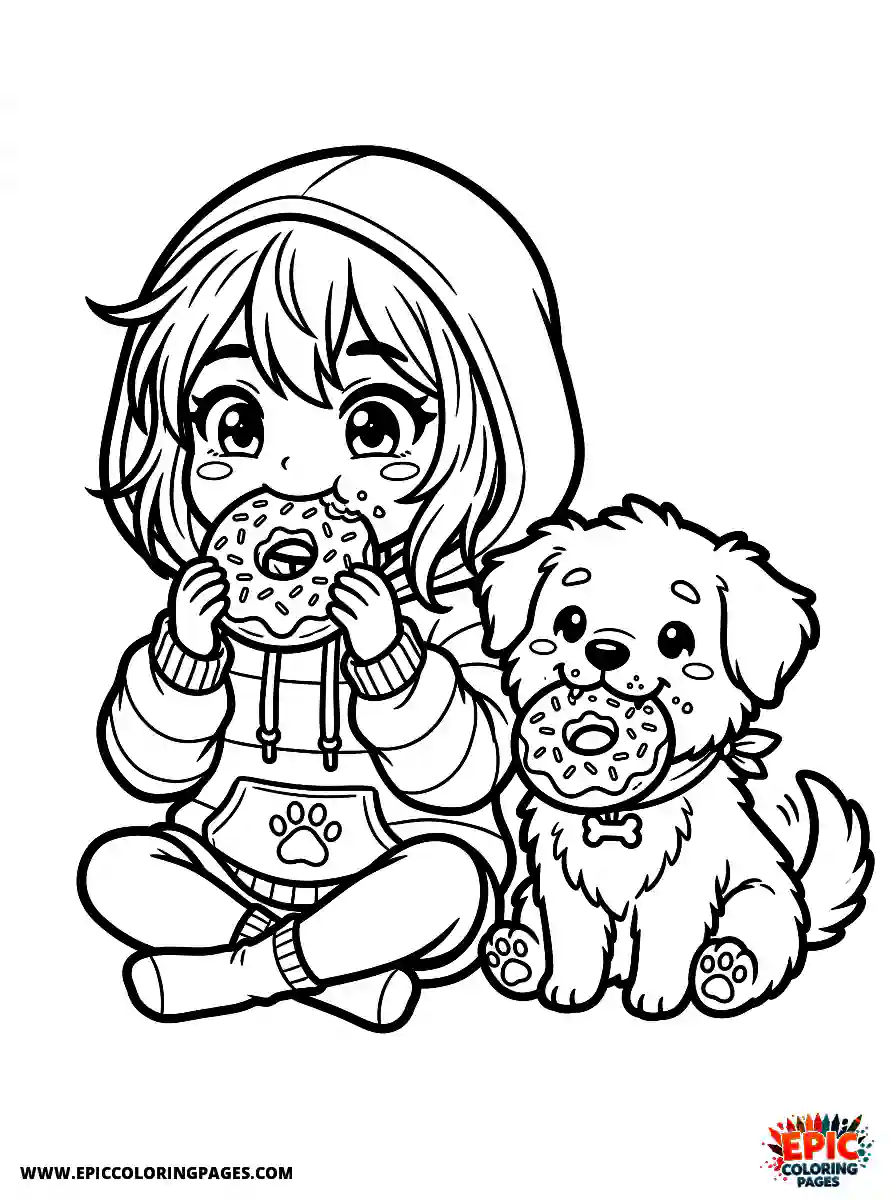 Girl with Dog Simple girl with dog chibi style munching on a glazed donut wearing an oversized hoodie