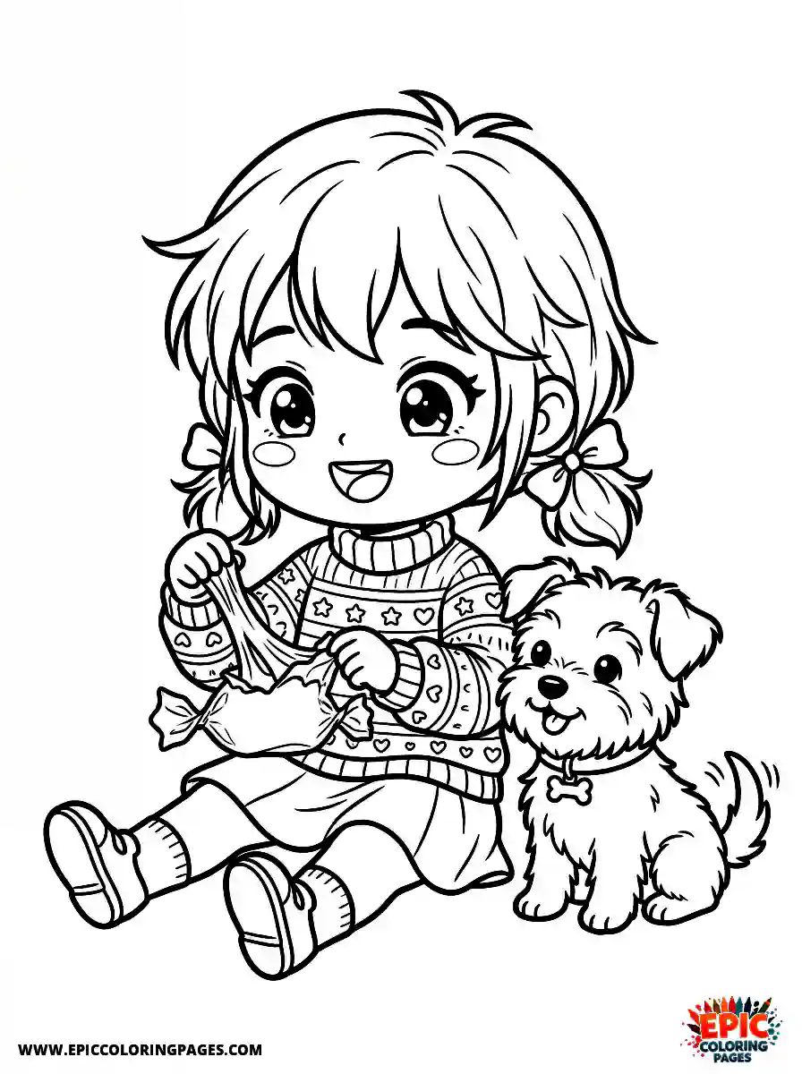 Girl with Dog Simple girl with dog chibi style unwrapping a sticky candy wrapper wearing a bright sweater