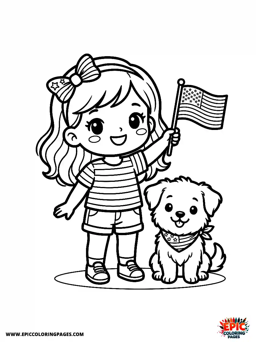 Girl with Dog Simple girl with dog chibi style waving a small flag wearing a striped shirt