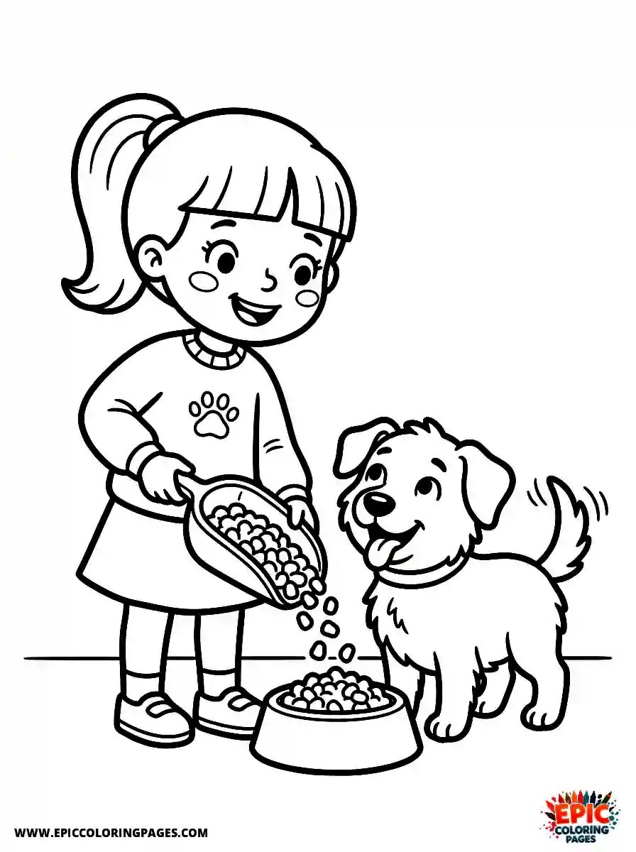 Girl with Dog Simple girl with dog feeding pet food into a bowl holding a scoop