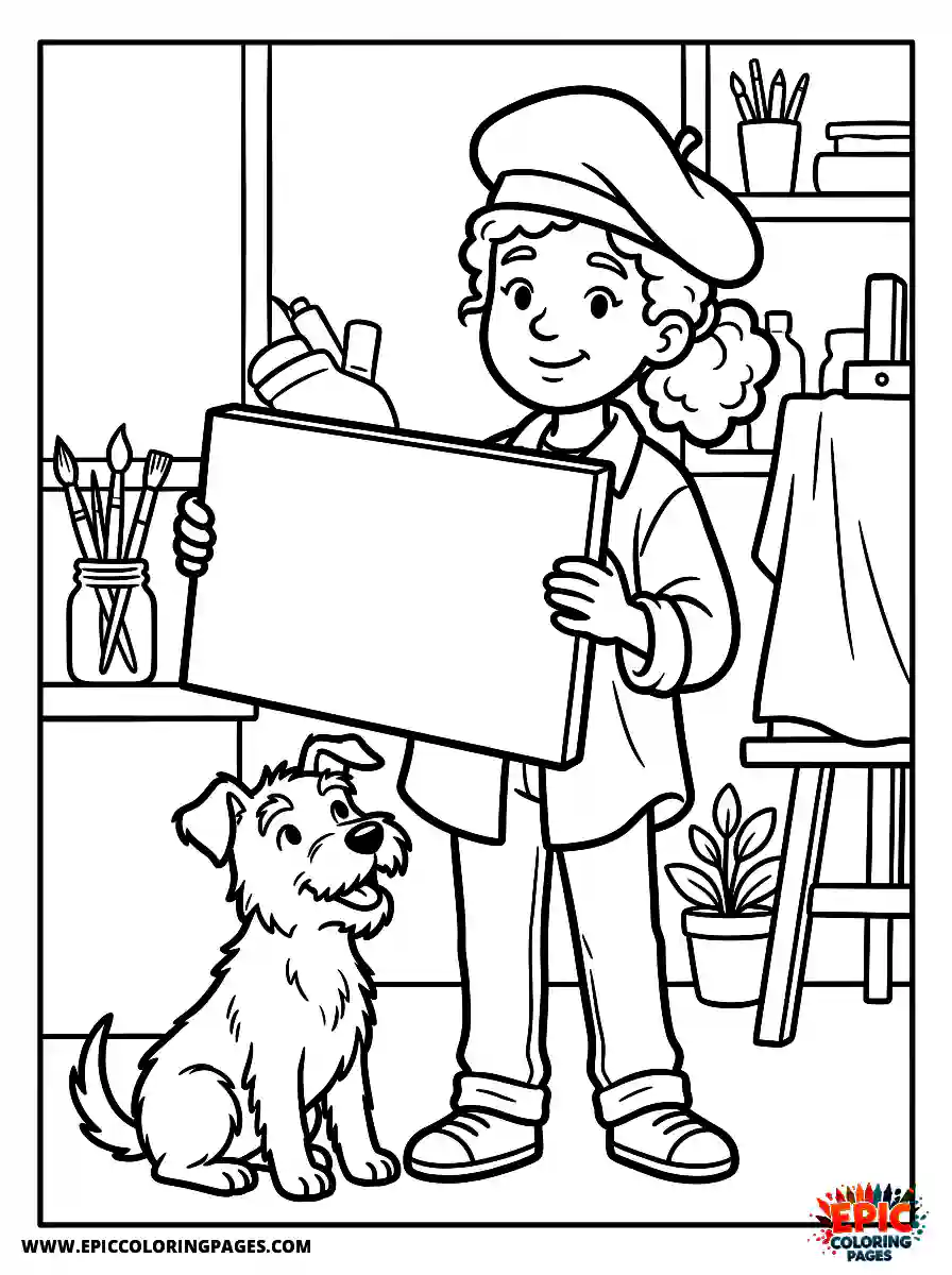 Girl with Dog Simple girl with dog holding a blank white canvas wearing an artist beret
