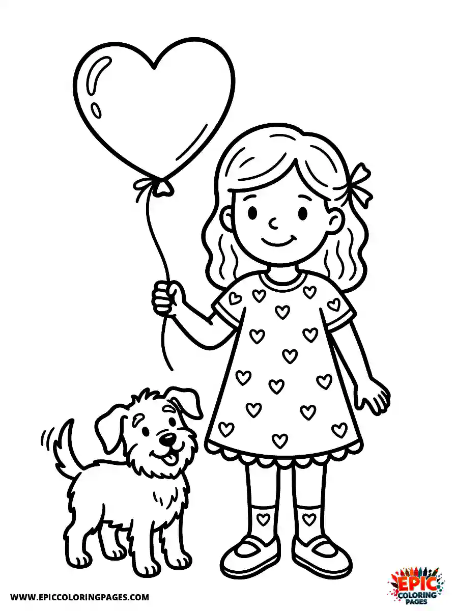 Girl with Dog Simple girl with dog holding a heart shaped balloon valentines wearing a dress with hearts