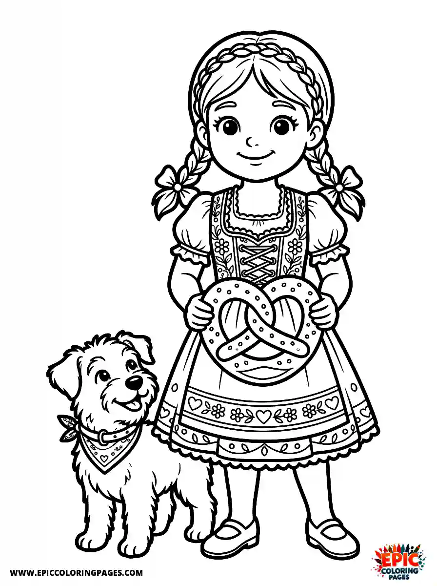 Girl with Dog Simple girl with dog holding a large pretzel wearing a bavarian dirndl