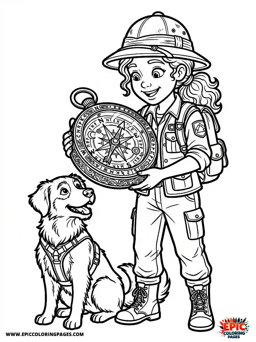Girl with Dog Simple girl with dog holding a magical compass exploration wearing a safari hat