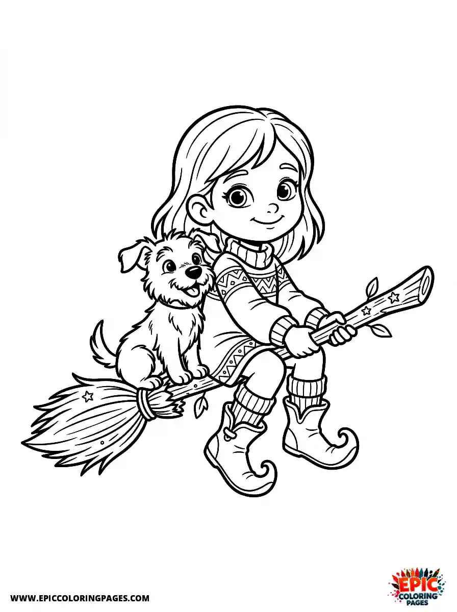 Girl with Dog Simple girl with dog hovering on a flying broomstick wearing pointed boots