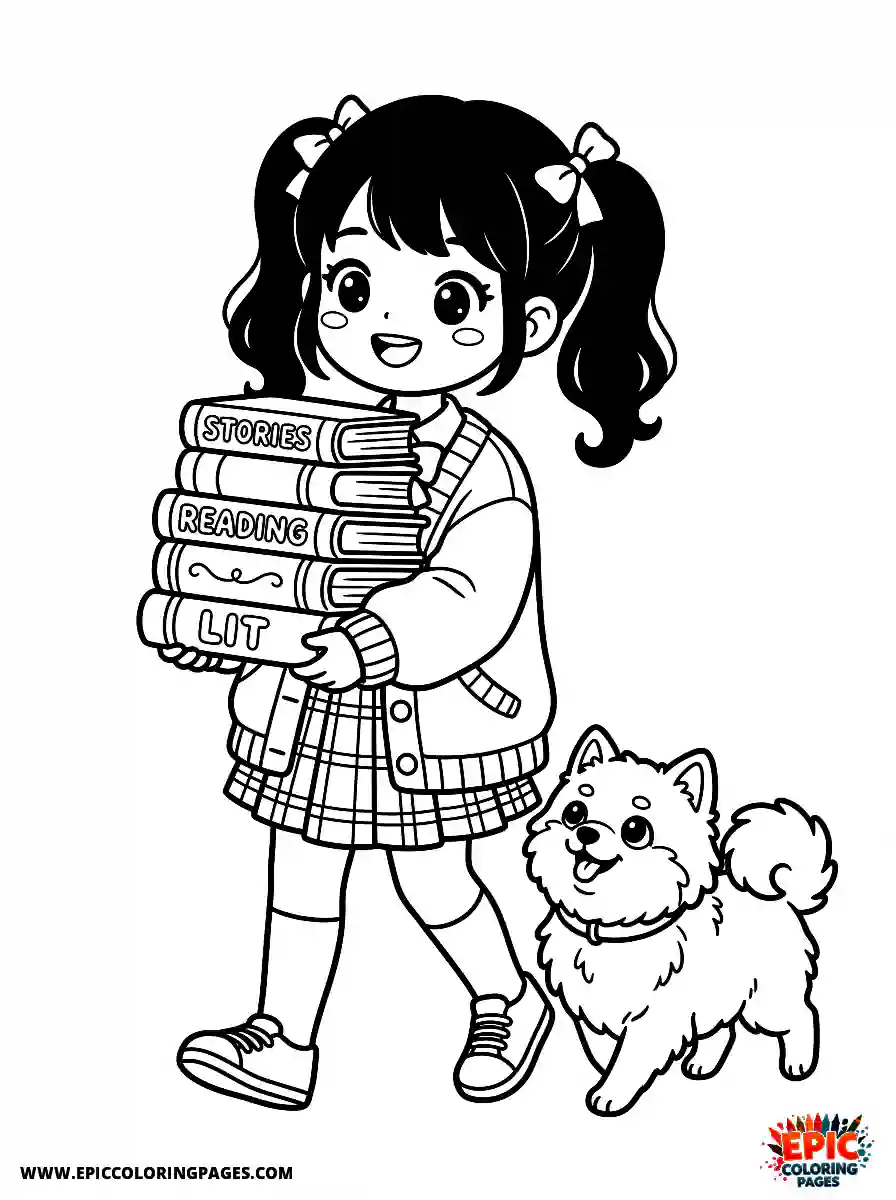 Girl with Dog Simple girl with dog kawaii style carrying a stack of literature books wearing a cozy cardigan