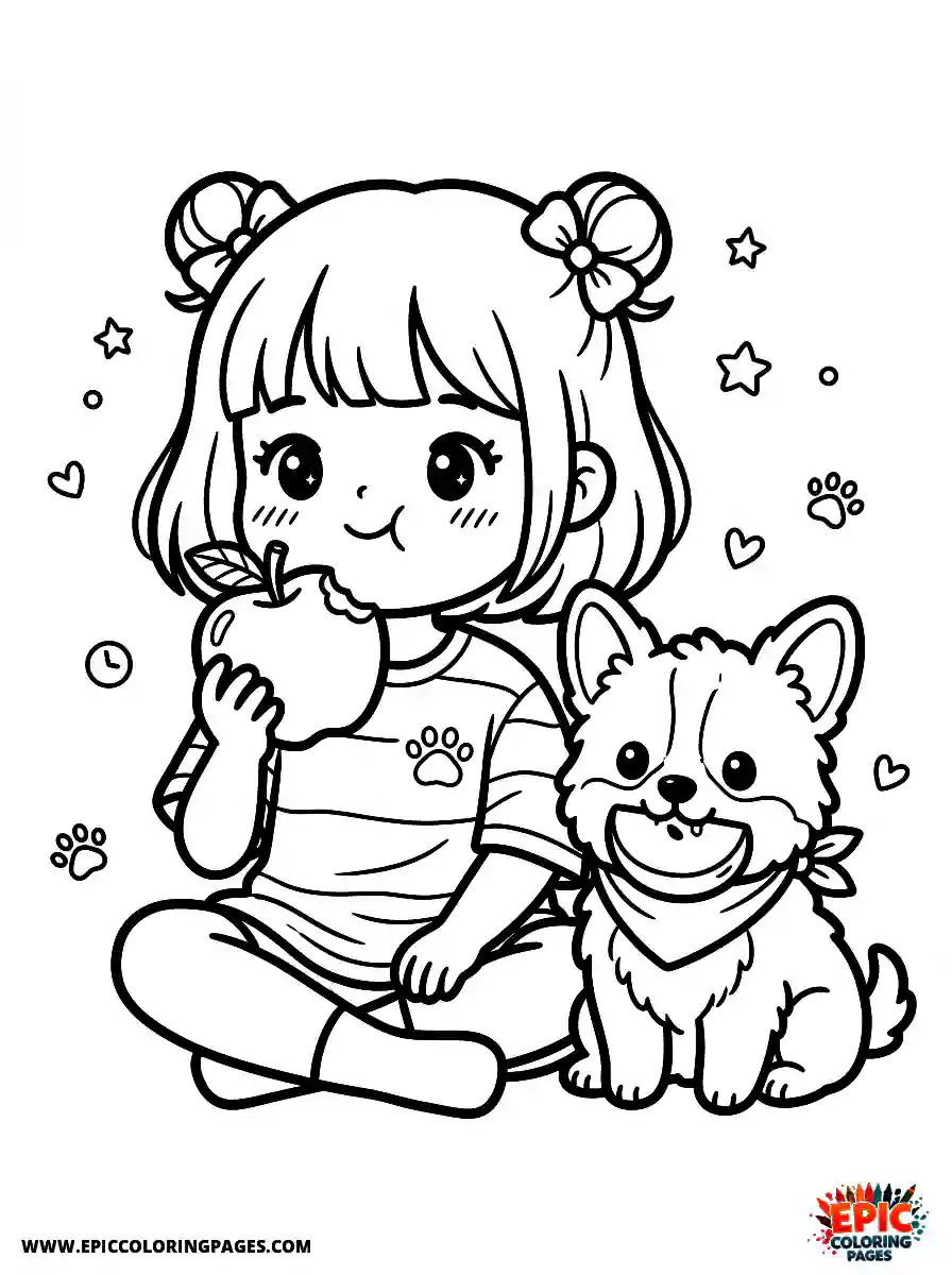 Girl with Dog Simple girl with dog kawaii style eating a crunchy red apple wearing a casual t shirt