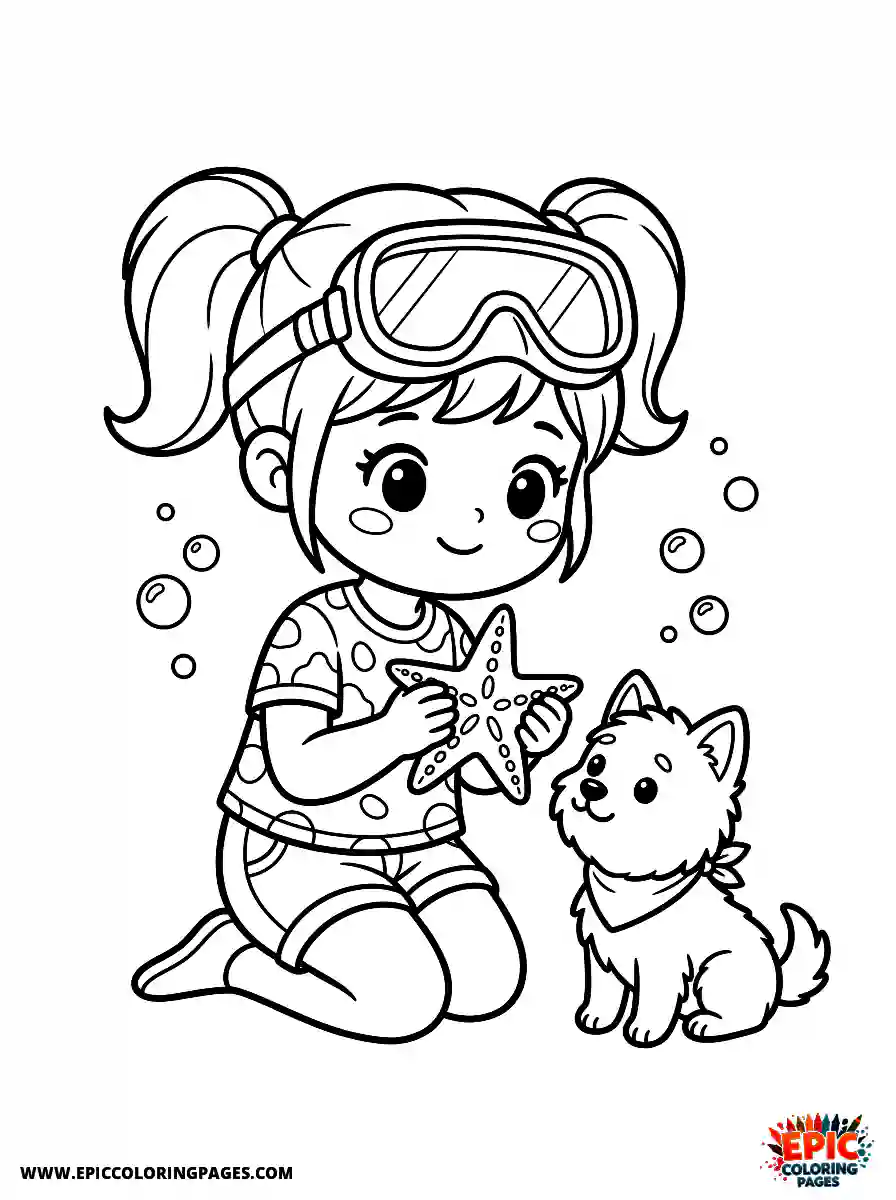 Girl with Dog Simple girl with dog kawaii style holding a beautiful sea star wearing a diving mask