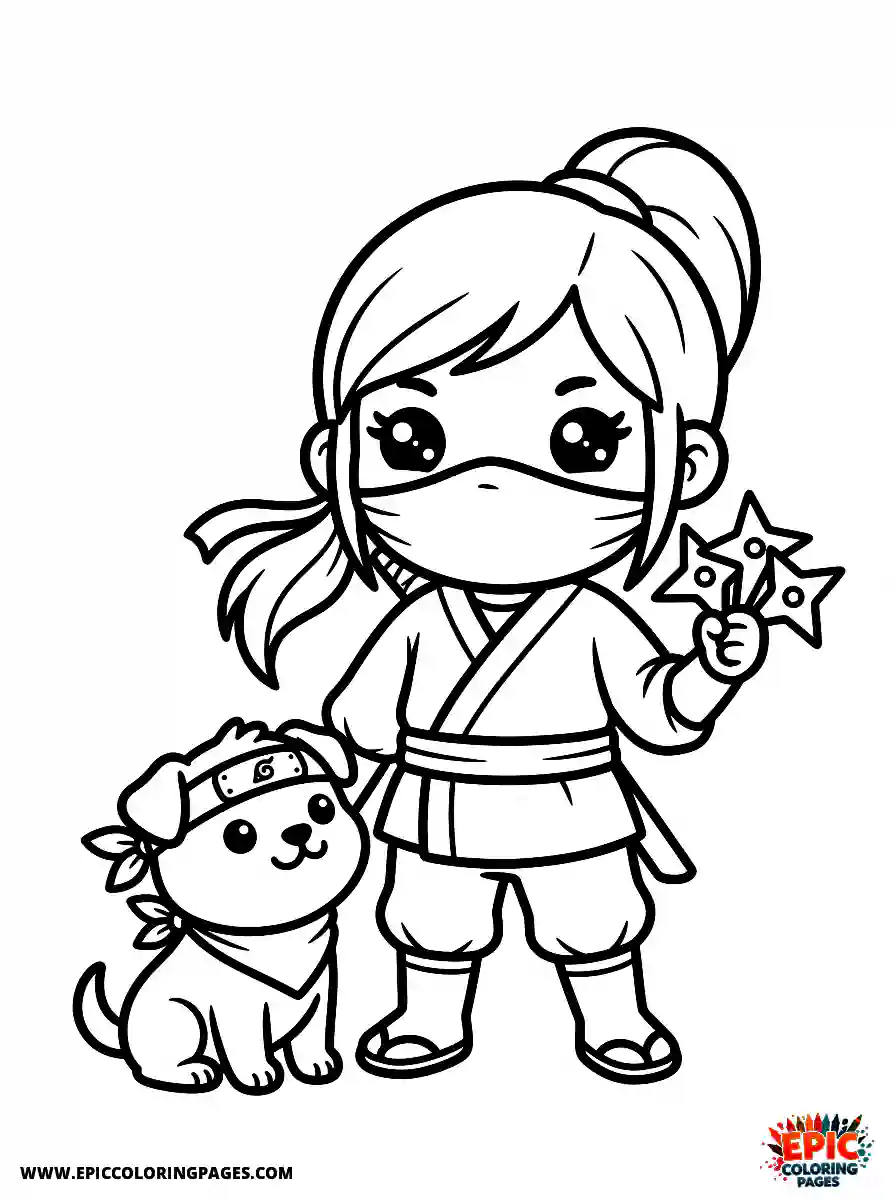 Girl with Dog Simple girl with dog kawaii style holding throwing stars ninja wearing a stealth mask