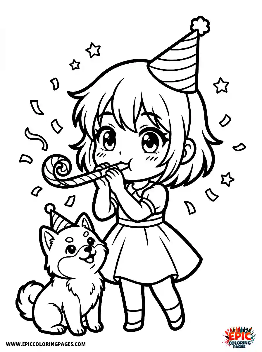 Girl with Dog Simple girl with dog manga style blowing a curled party favor wearing a celebration hat